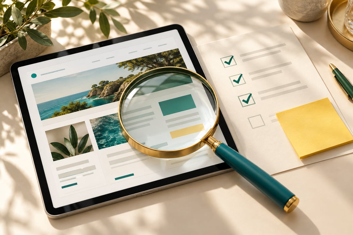 A magnifying glass, screen and checklist for reviewing a website