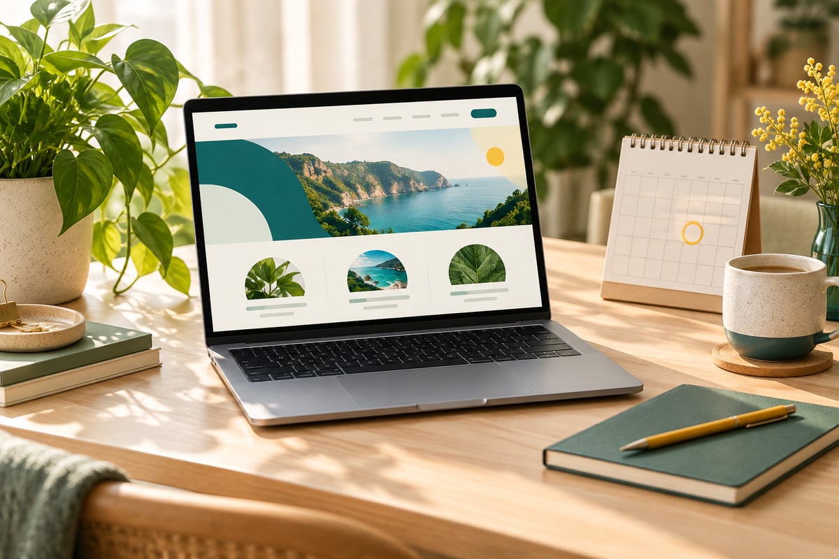 A website, calendar and plant in a carefully arranged workspace