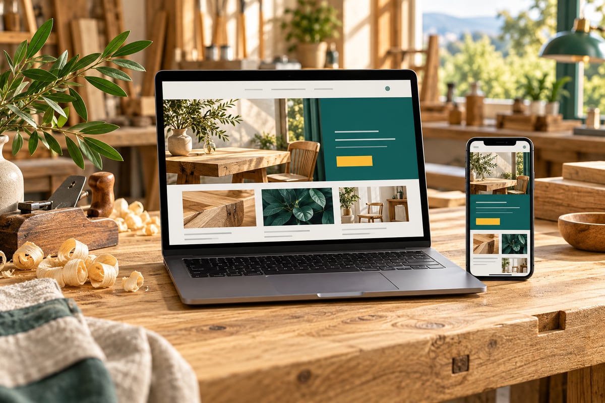 A computer and phone showing a craftsman’s website in a workshop